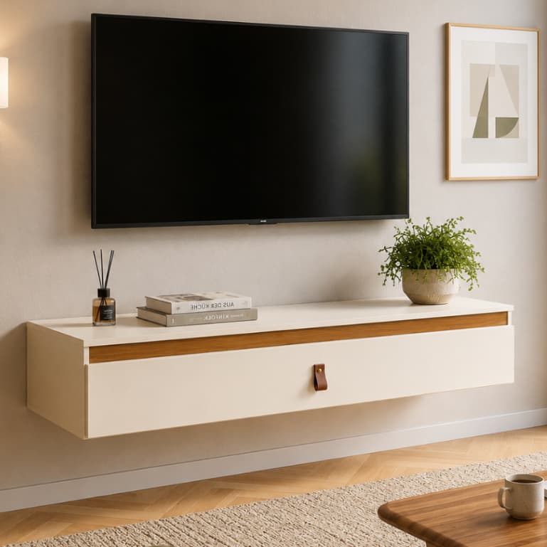 Rack Suspenso 1 Porta Para Tv Puxador em Couro