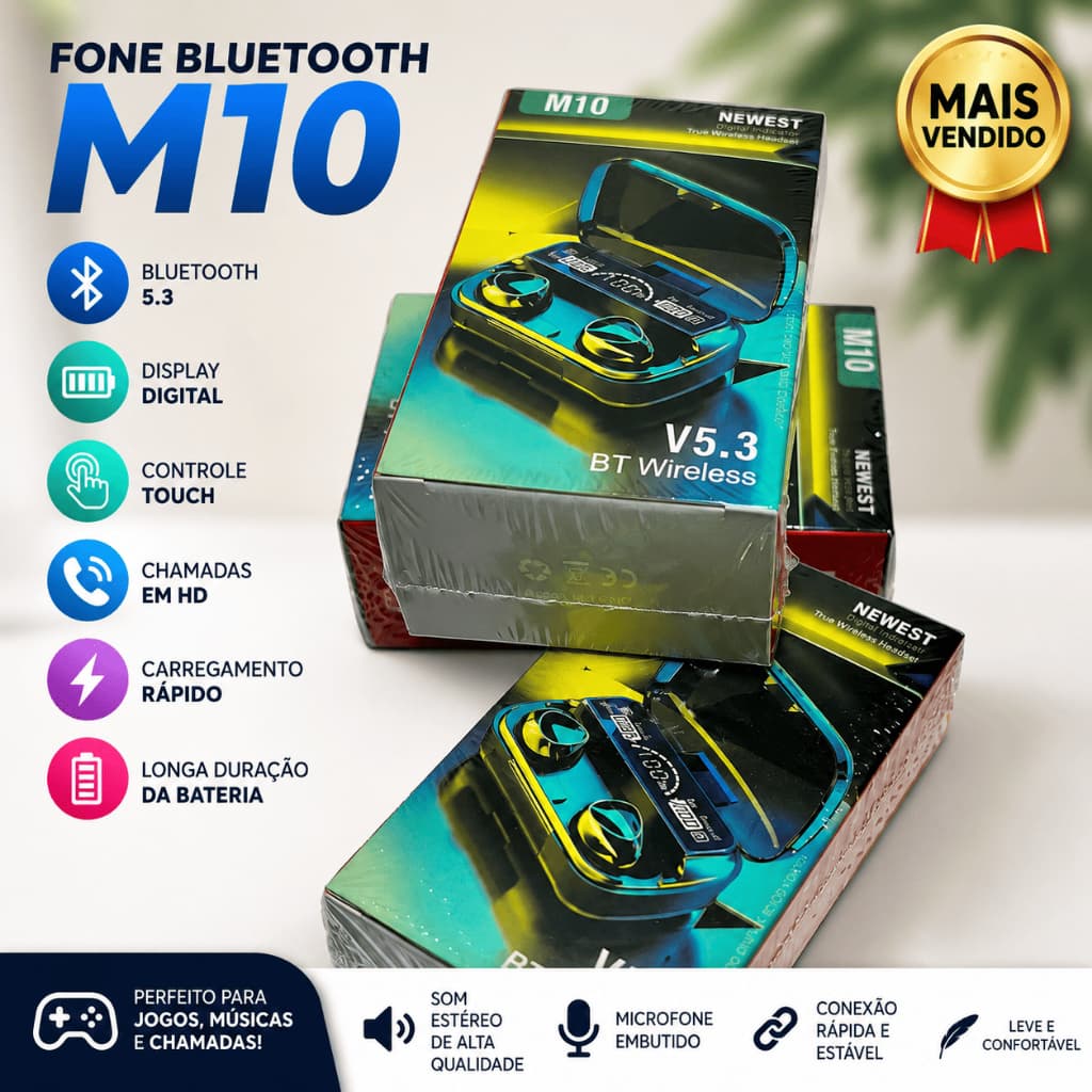 Fone Bluetooth M10 Gamer Sem Fio V5.3 Display Digital Power Bank Touch Controle