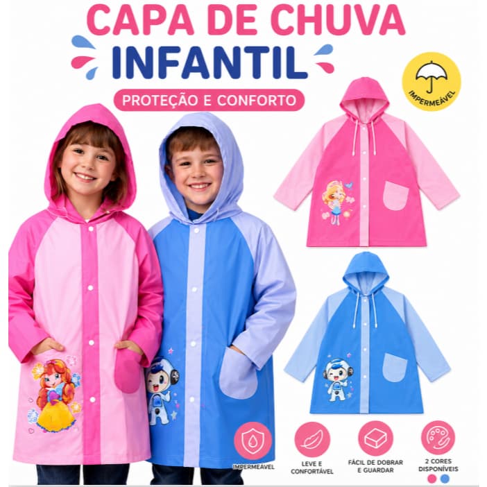 Capa de Chuva Infantil Rosa - Impermeável, Prática e Segura para Crianças 8-12 Anos