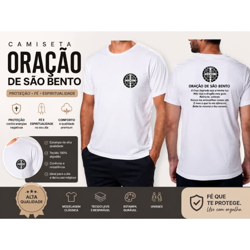 Camiseta Unissex Estampa Oração Símbolo São Bento Camisa 100% Poliéster Premium
