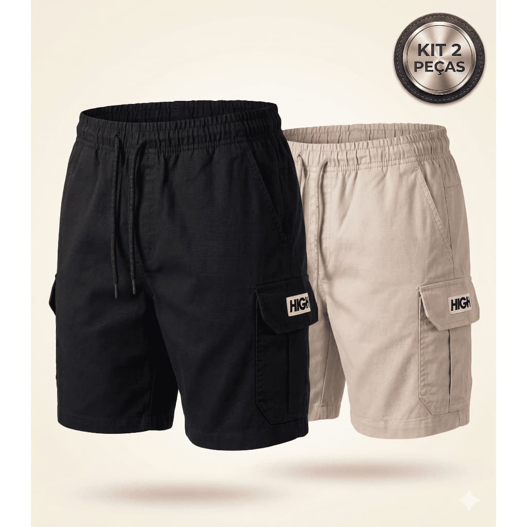 Kit 2 Shorts Cargo Masculino Sarja Premium 100% Algodão HI GI Mauricinho Bolsos Funcionais Verã 2026