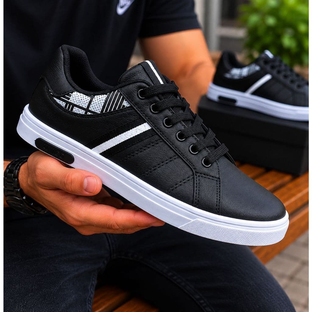 Sapatênis masculino casual adulto preto com branco confortavel clean festa social lançamento