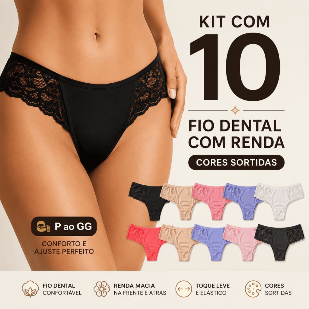 Kit 10 Calcinhas Fio Dental Feminina Renda Confortável Cores Sortidas