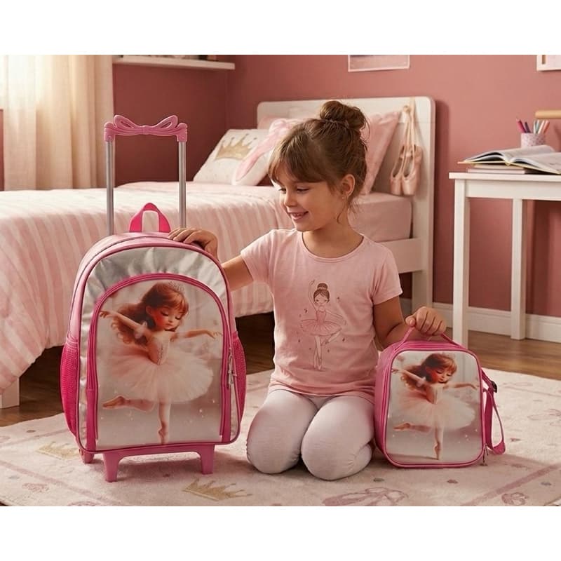 Mochila Rodinhas Bailarina + Lancheira Térmica com alça Ballet