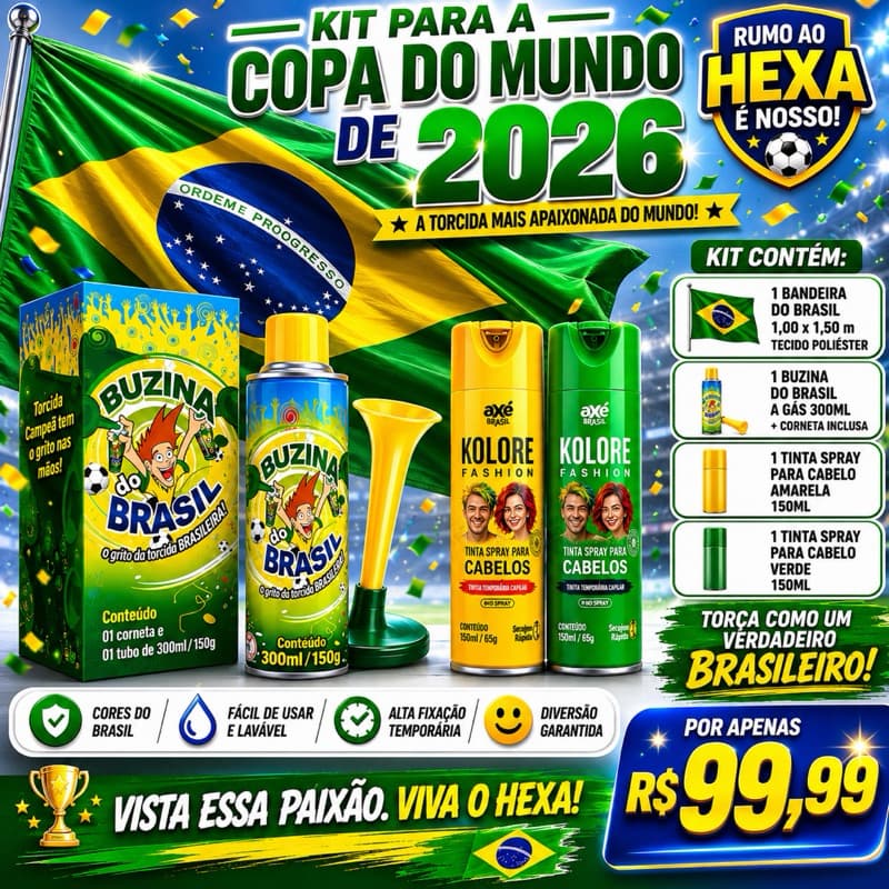KIT TORCEDOR DO BRASIL- 2 SPRAY DE TINTA CABELO , 1 buzina spray 300 ML e 1 bandeira tecido  do Brasil de 1,00 x 1,50