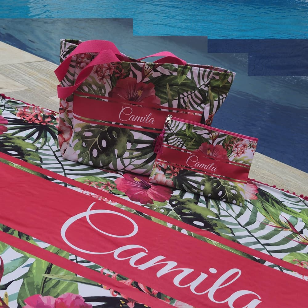Kit Bolsa Riviera + Necessaire + Canga | Bolsa de Praia Personalizada com nome, iniciais ou frase