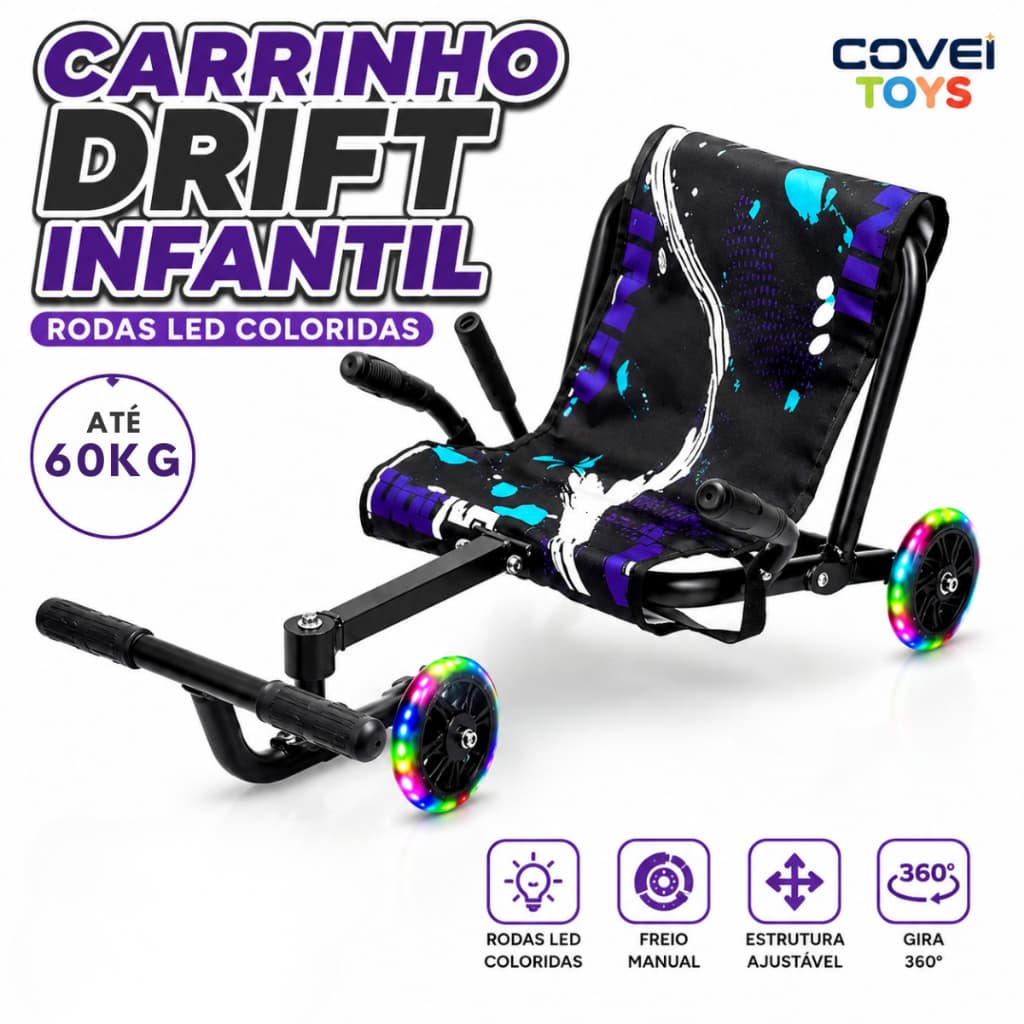 Carrinho Drift Infantil Rodas Led Coloridas Freio Manual Ajustável Para Diversão Drift 360 Infantil