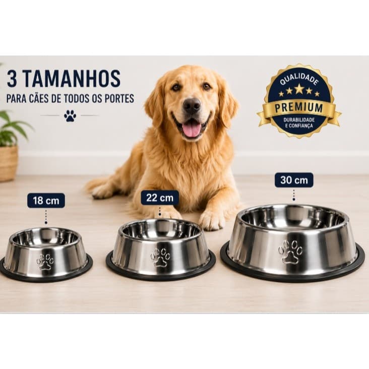 Comedouro Inox Antiderrapante Pet Cachorro Gato Resistente Facil Limpeza 30 cm 22 cm 18 cm