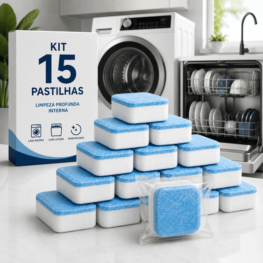 Kit 15 Pastilhas Limpeza Máquina Lavar Roupa Lava Louça Desengordurante