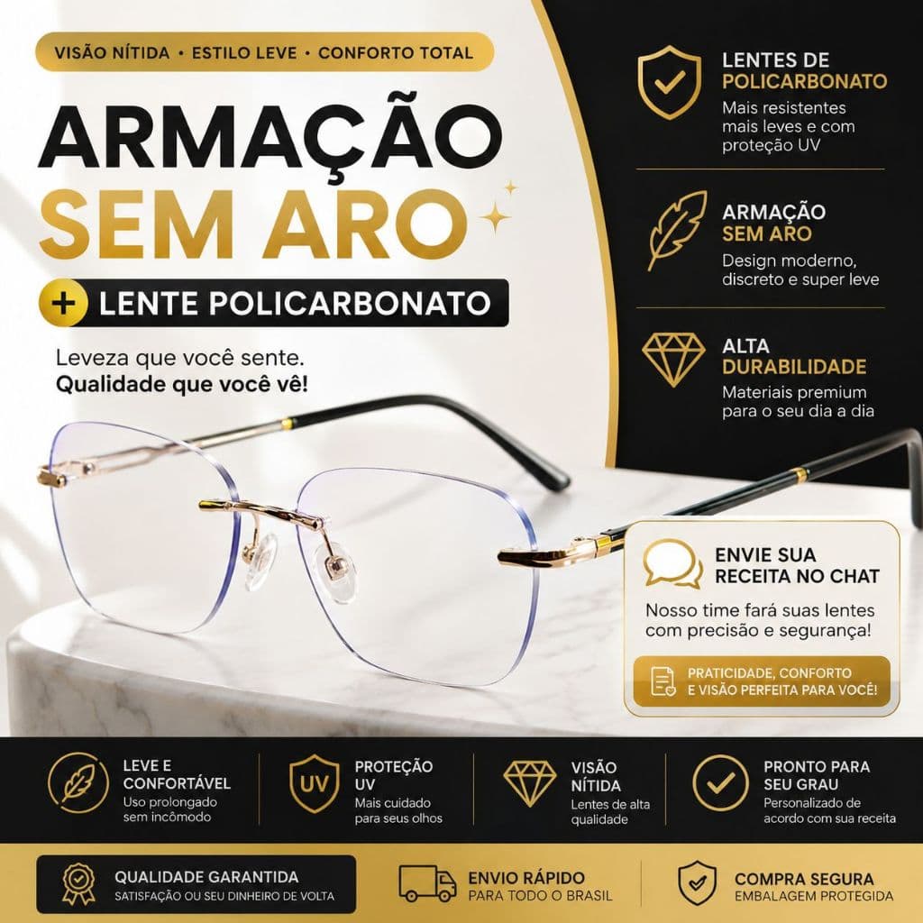 Óculos Completo Sem Aro Masculino e Feminino com Lente Policarbonato