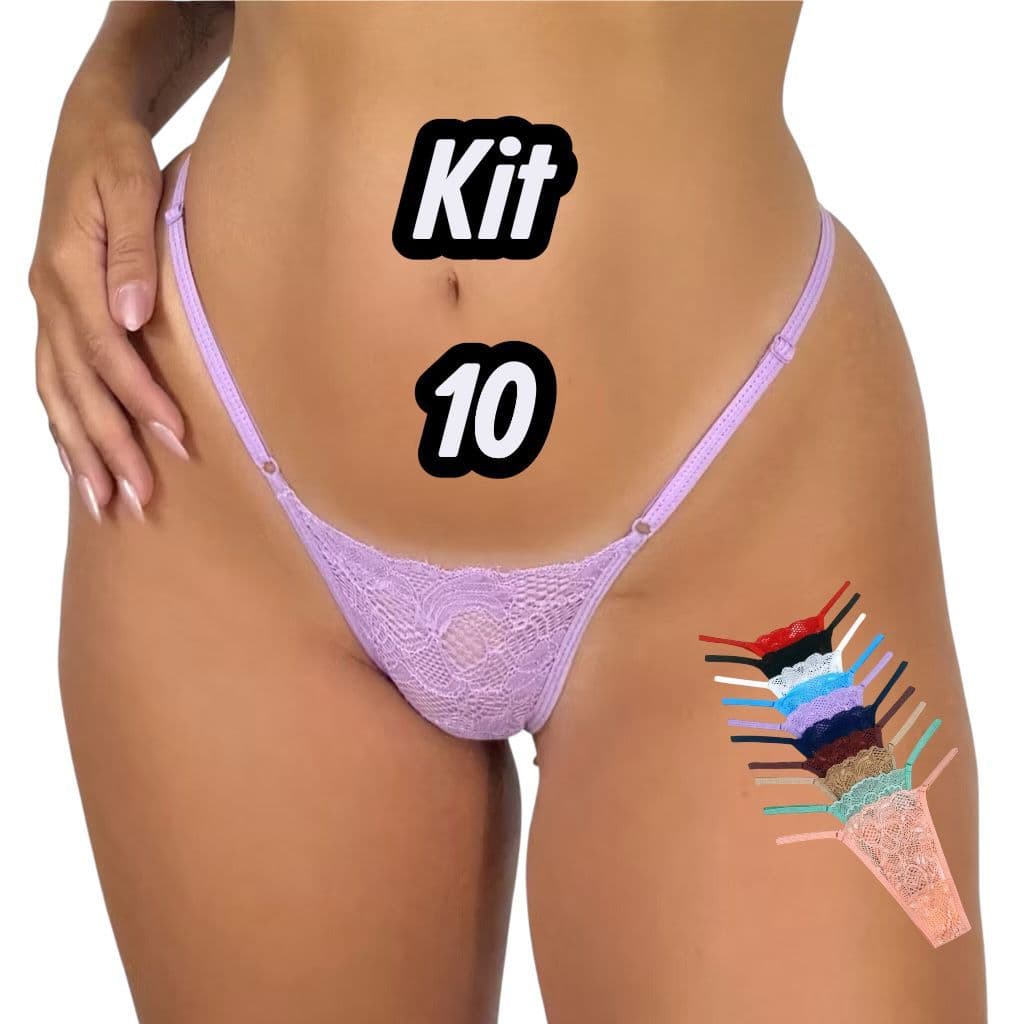 Kit 10 Calcinha Fio Dental com Regulagem Lateral de Renda com Forro de Algodão Feminina Mulher