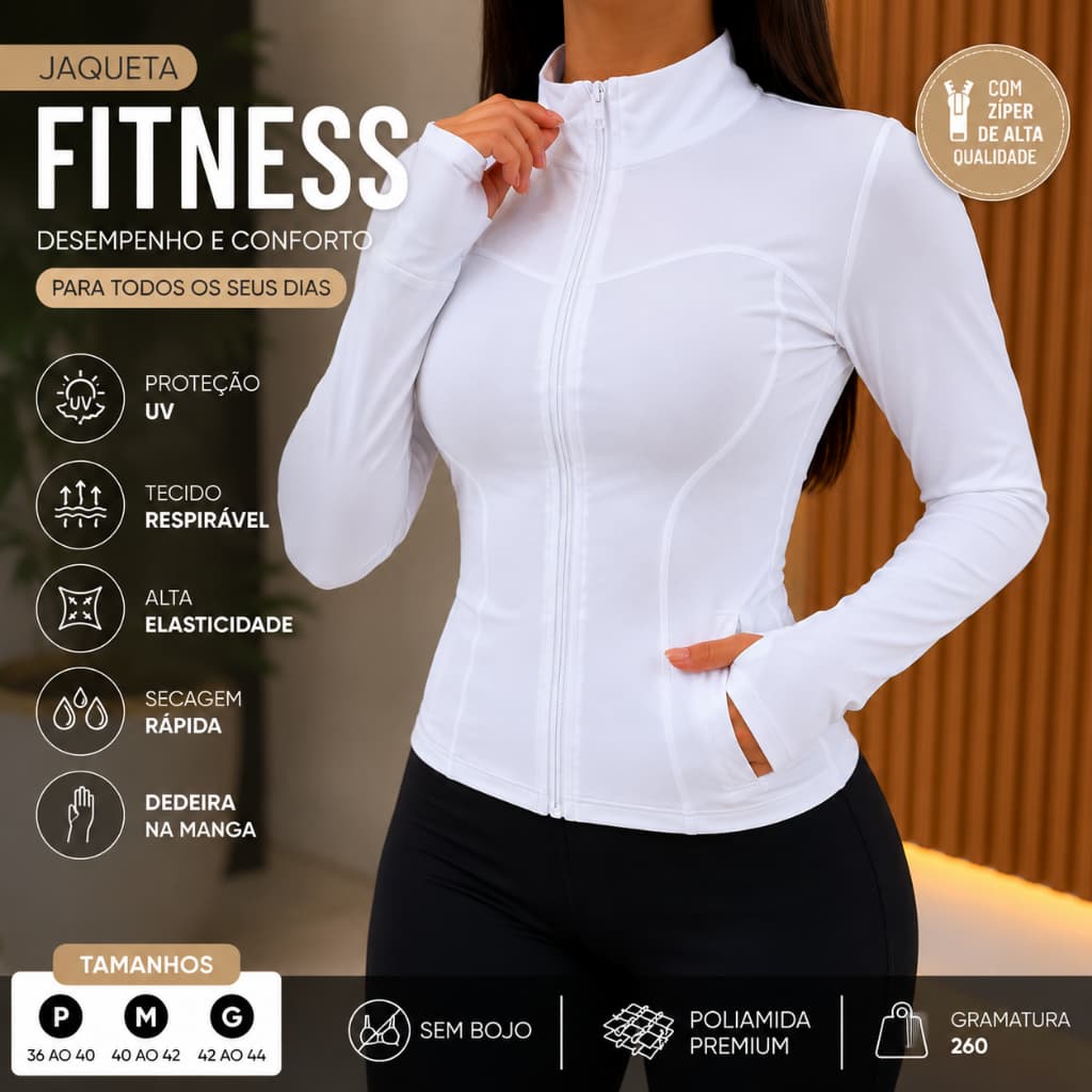 Jaqueta Feminina Fitness manga longa com Proteção UV para Academia