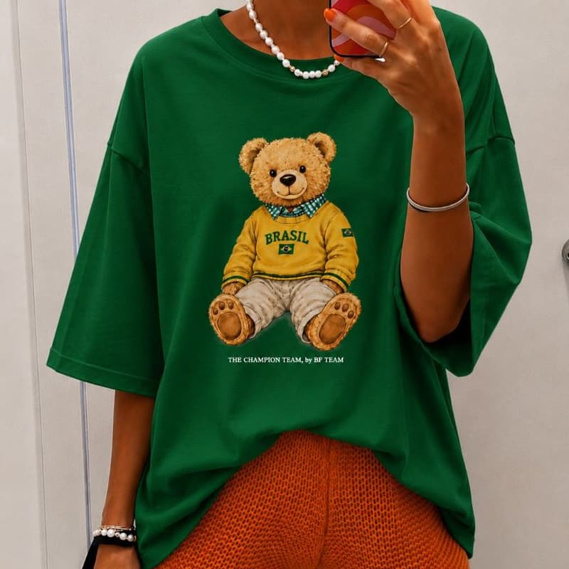 Camiseta Feminina Oversized Urso Brasil 100% Algodão Estampa Premium Copa do Mundo Casual Streetwear