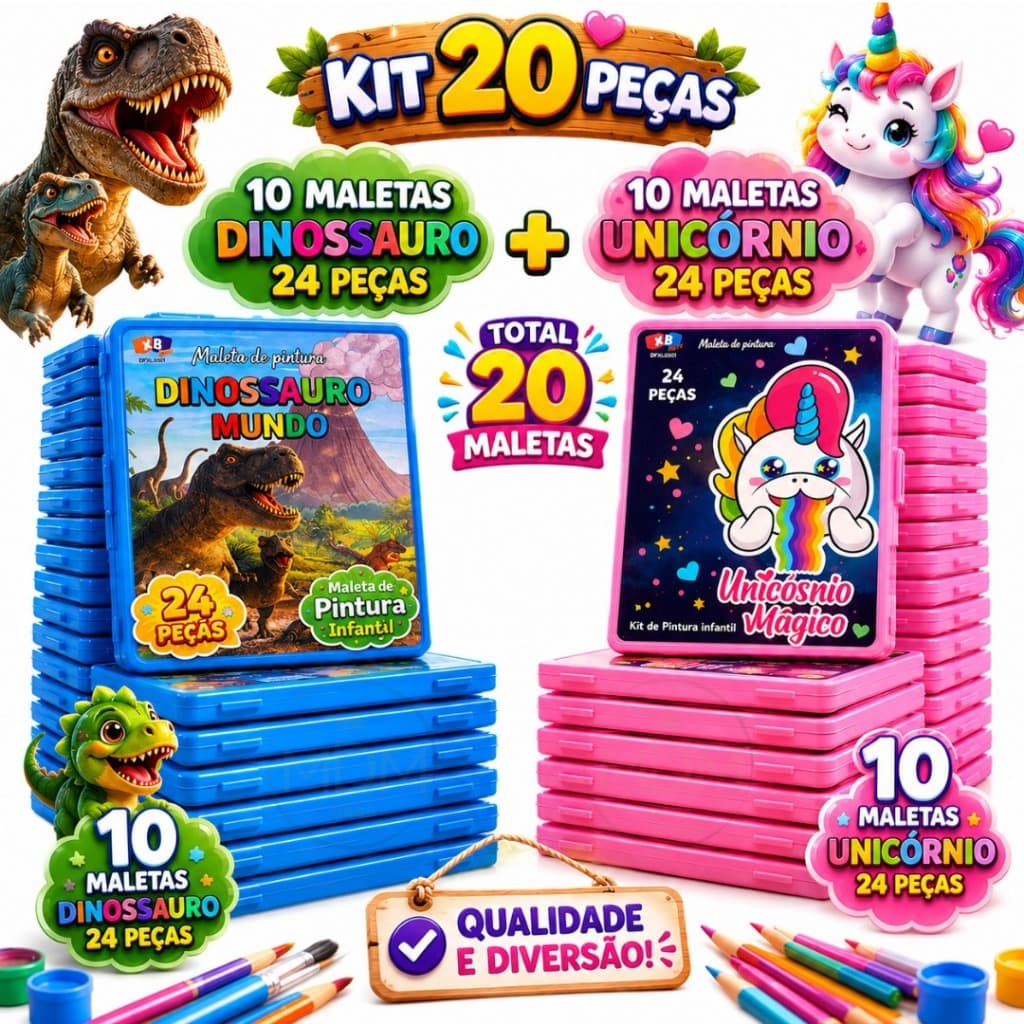 Kit com 10 ou 20 Maletas de Pintura 24 Peças Estojo Infantil Escolar Menino e Menina
