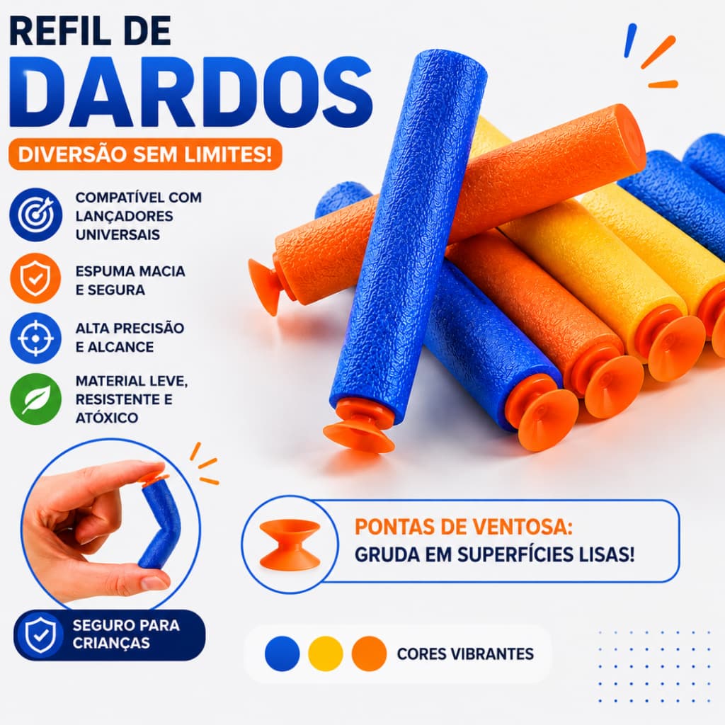 Kit de Dardos Com Ponta Ventosa para Arminha Lançadora Brinquedo Infantil