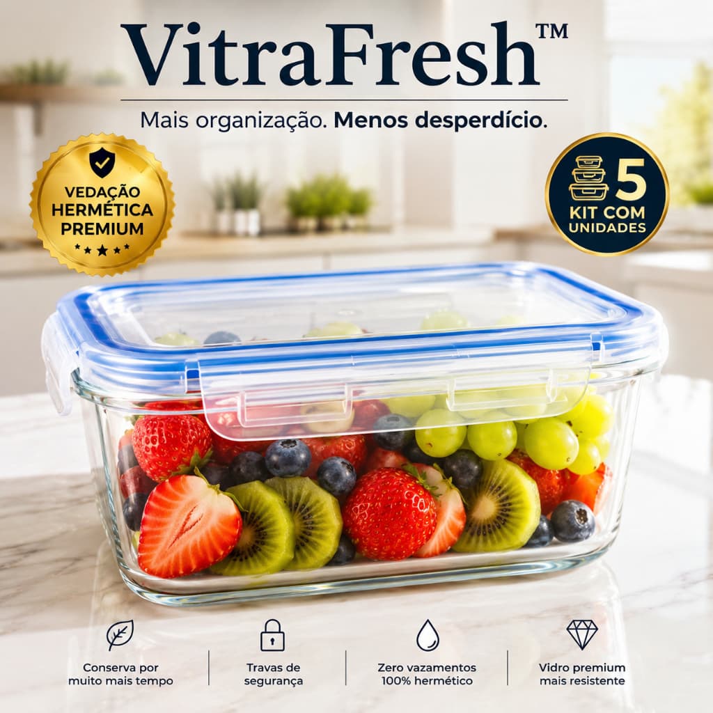 Kit 5 Potes Herméticos de Vidro 640ml com Tampa Trava Silicone Anti Vazamento