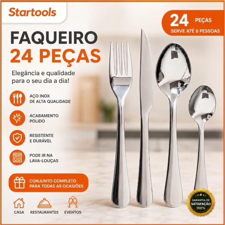 Talheres Inox 24 Peças Faqueiro Completo 6 Pessoas com Facas Garfos Colheres Chá