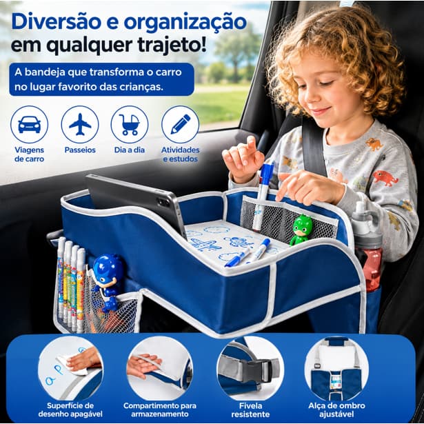 Mesa de Carro Viagem Organizadora Infantil Dobrável com Bolsos e Superfície Apagável Compartimentos