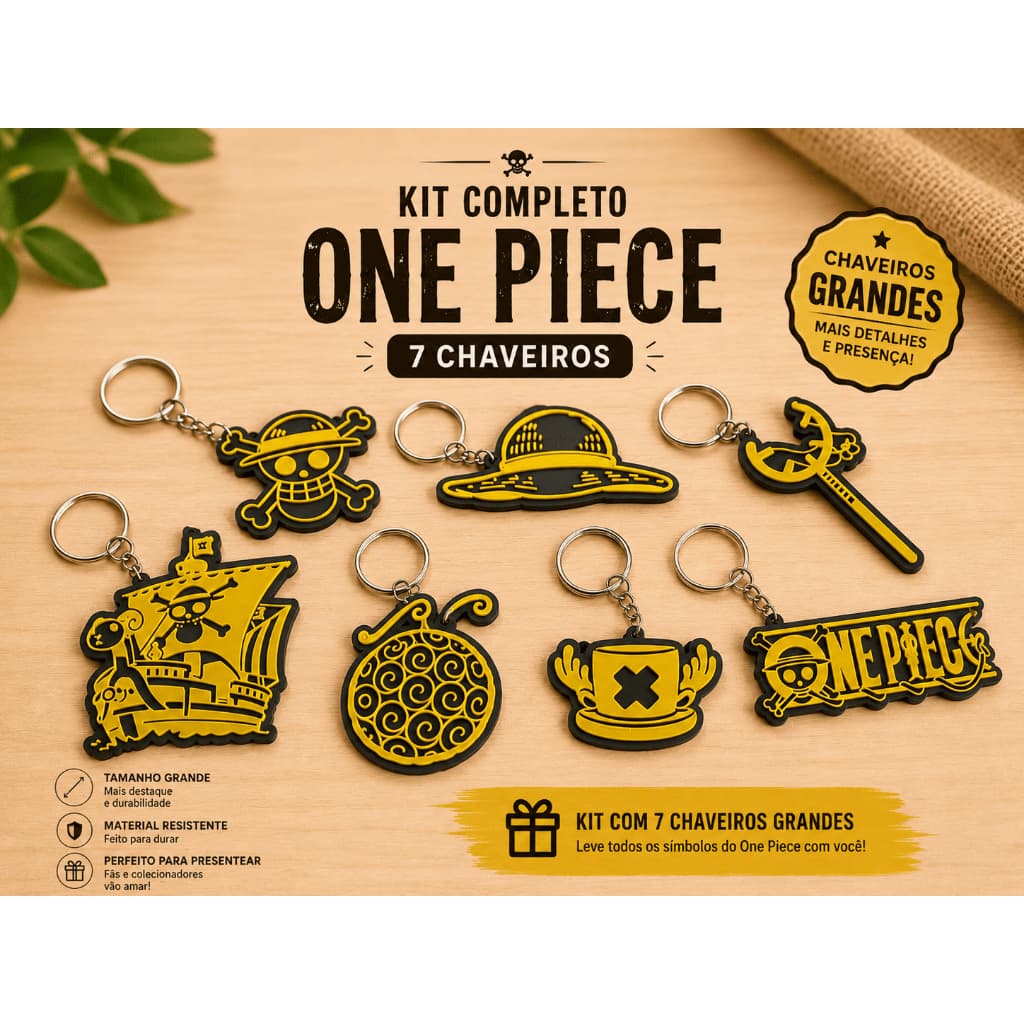 Kit 7 Chaveiros Grandes One Piece Anime Luffy Sunny Chopper Chapéu Preto com Dourado