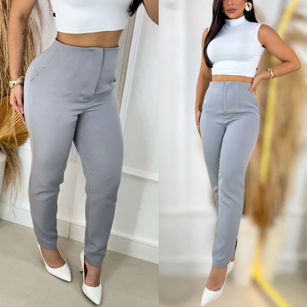 Calça Feminina Skinny Alfaiataria Premium Elegante Social Com Bolsos e Zíper Casual