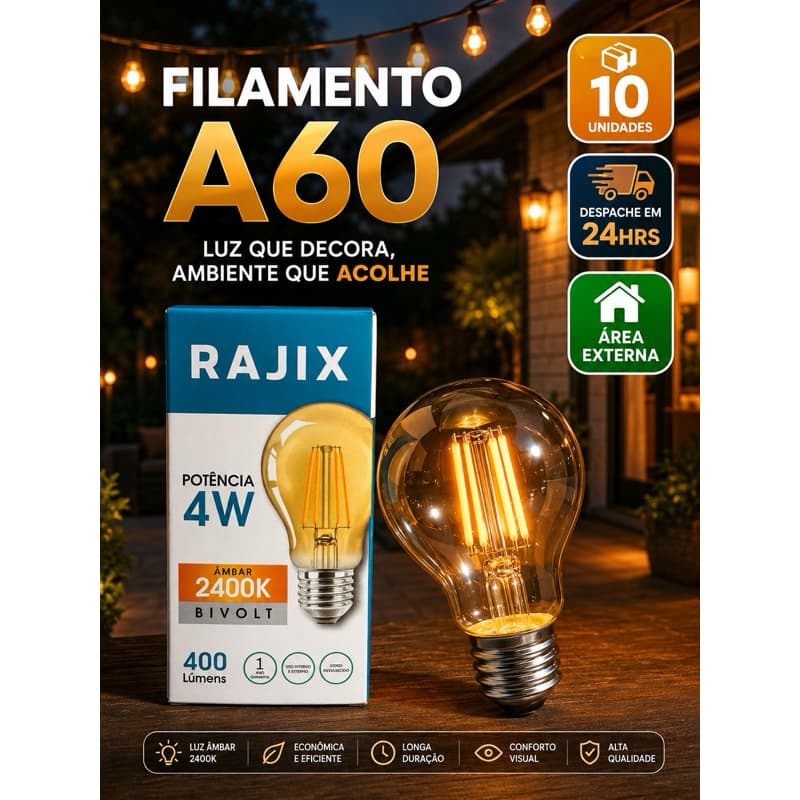 10 /5 Unidades Lâmpada Filamento LED A60 Bulbo 4W E27 Luz Quente (Amarela) Âmbar Retrô Vintage Bivolt Area externa Vidro