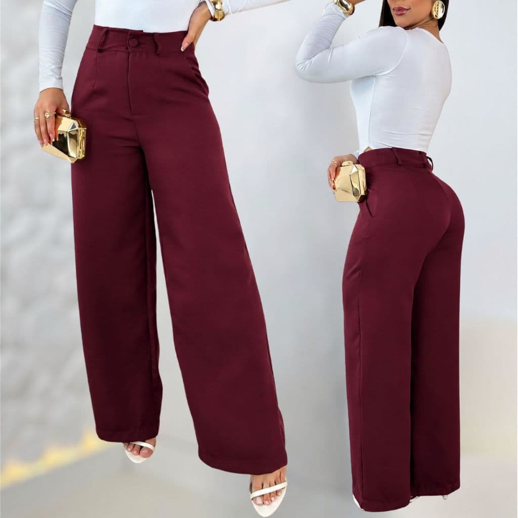 Calça Pantalona Alfaiataria Feminina Wide Leg Casual Elegante Social Trabalho Com Bolsos