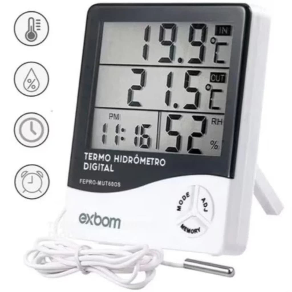 Termo Higrometro Digital Com Máxima e Mínima Medidor De Temperatura e Umidade Com Relógio e Alarme