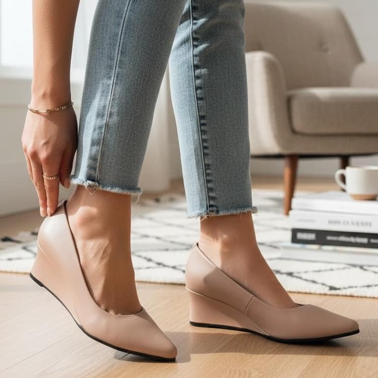 Scarpin Anabela Feminino Nude Bico Fino Elegante Confortável Casual Social Nude Caramelo
