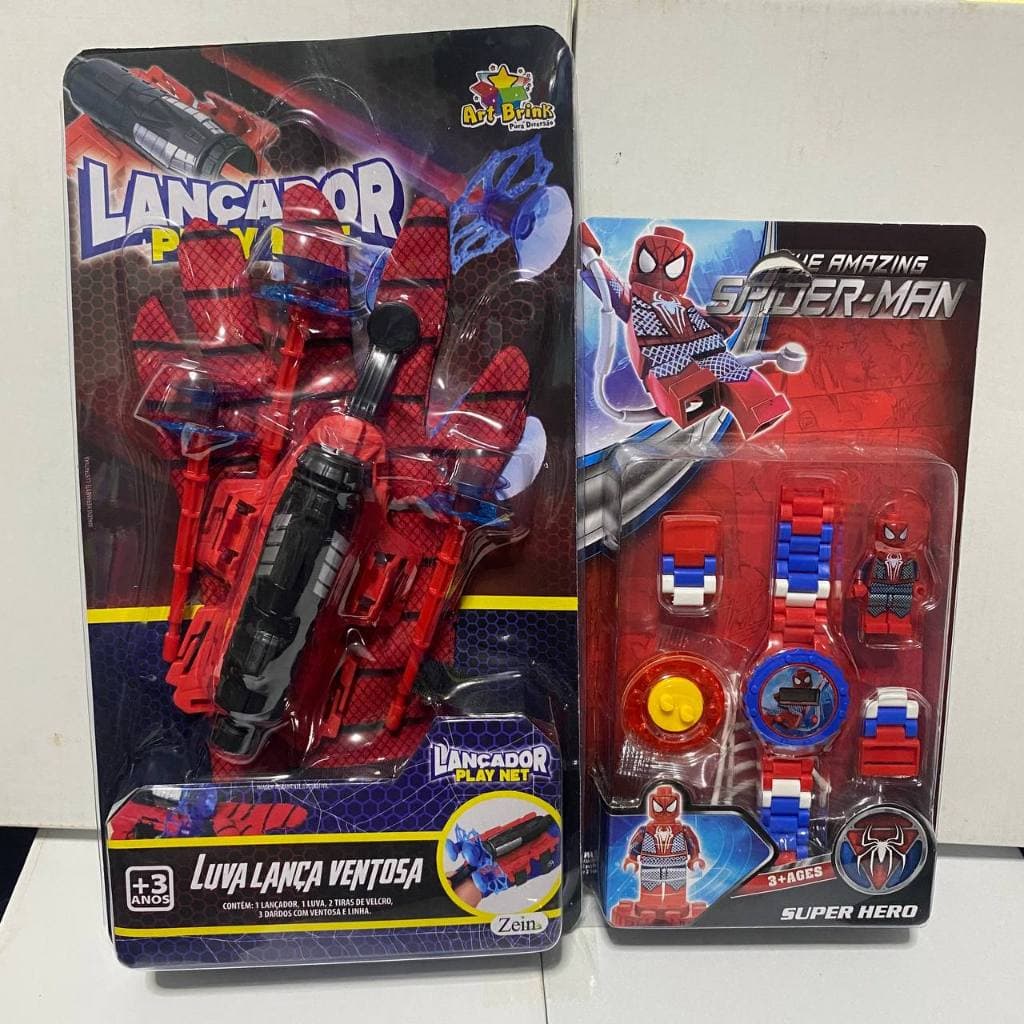 Kit Homem-Aranha Lançador de Teia com Ventosas + Relógio Super Herói Infantil Brinquedo
