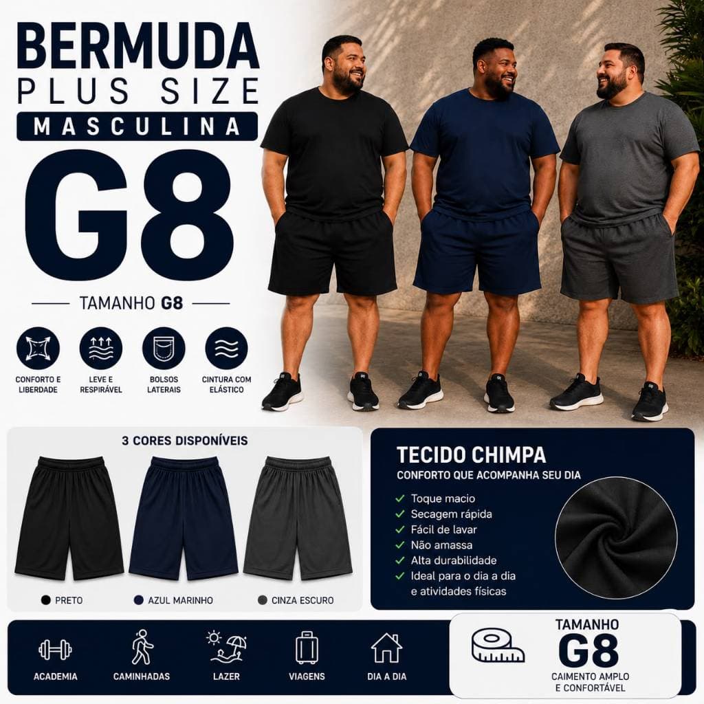 Bermuda Plus Size Masculina G8 Com Bolso e Elástico na Cintura
