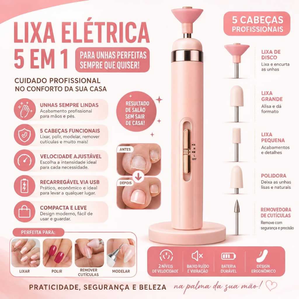 Lixa Elétrica de Unhas 5 em 1 Recarregável USB Profissional Polidor Removedor de Cutículas ideal par