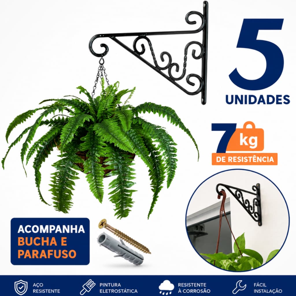 kit 5 Suportes Gancho de Parede Para Vasos e Plantas