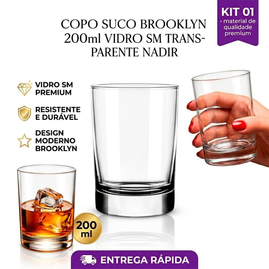Copo de Vidro Brooklyn para Whisk 200ml SM Transparente Resistente Nadir 1 Unidade