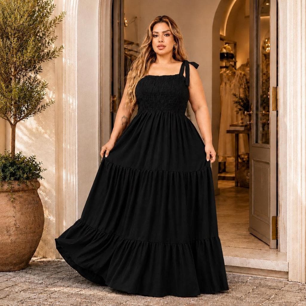Vestido longo plus size alças de amarrar corpo lastex modelo três marias soltinho verão cores lisas estiloso chique