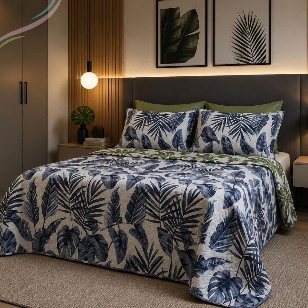 Colcha Cobre Leito + Porta Travesseiro Solteiro Casal Queen King Dupla Face Estampas Modernas de Luxo Tecido Matelado