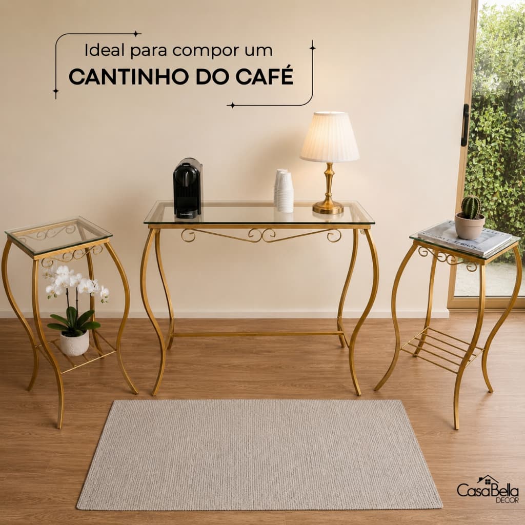 Aparador + Kit de 2 Mesas Lateral Resistente Dourado/Preto Decoração Festa Casa Sala Cantinho Café