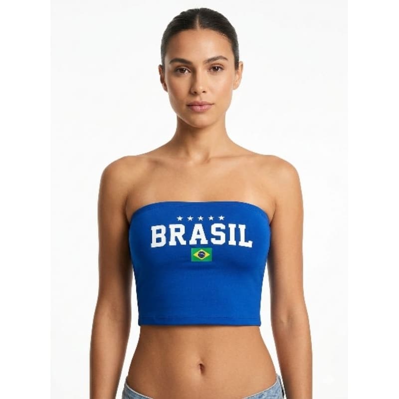 Top Tubinho Brasil Cropped Curto Copa do mundo Tendência Modinha Feminino Tomara Que Caia Verão Camiseta Blusa