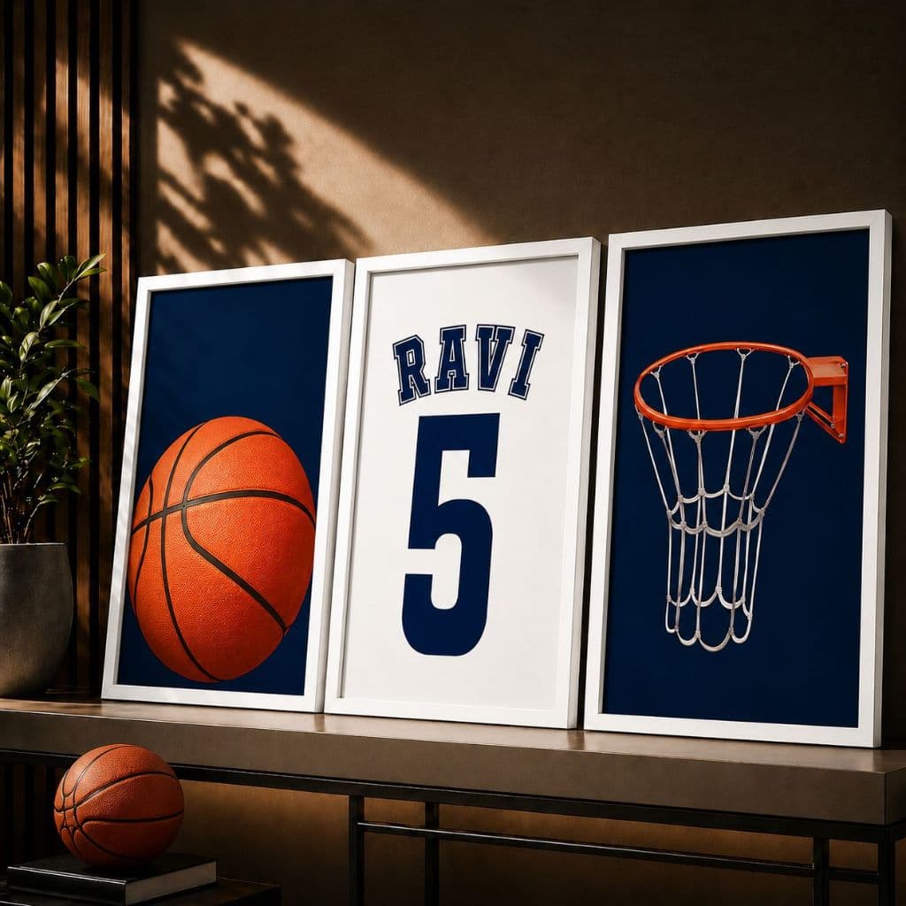 Kit 3 Quadros Decorativos Basquete Personalizado com Nome e Número Bola e Cesta Moldura Preta  Quarto Infantil