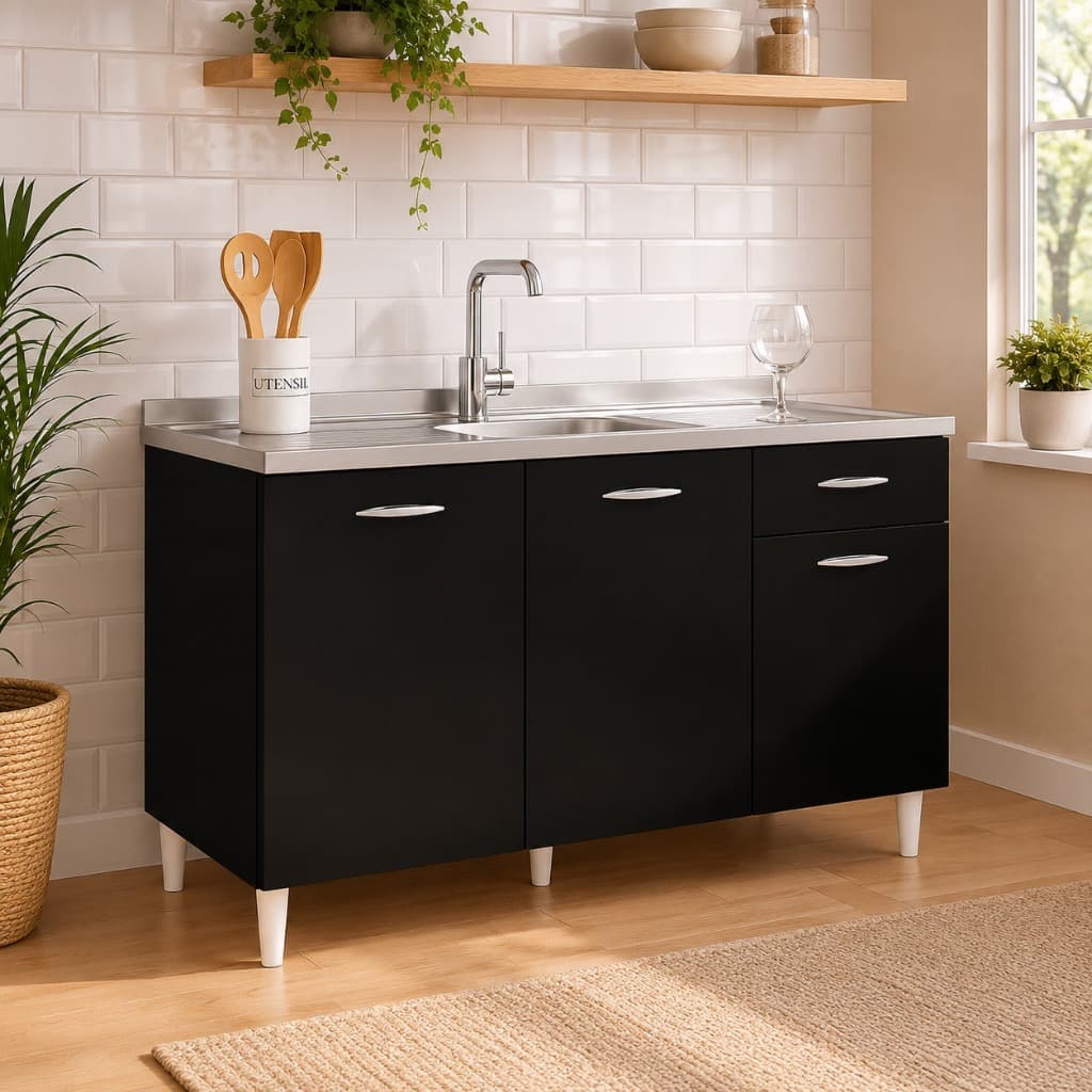 Balcão de Cozinha 120cm sem Pia  3 Portas 1 Gaveta 100%   Compacta Branco Resistente e Funcional