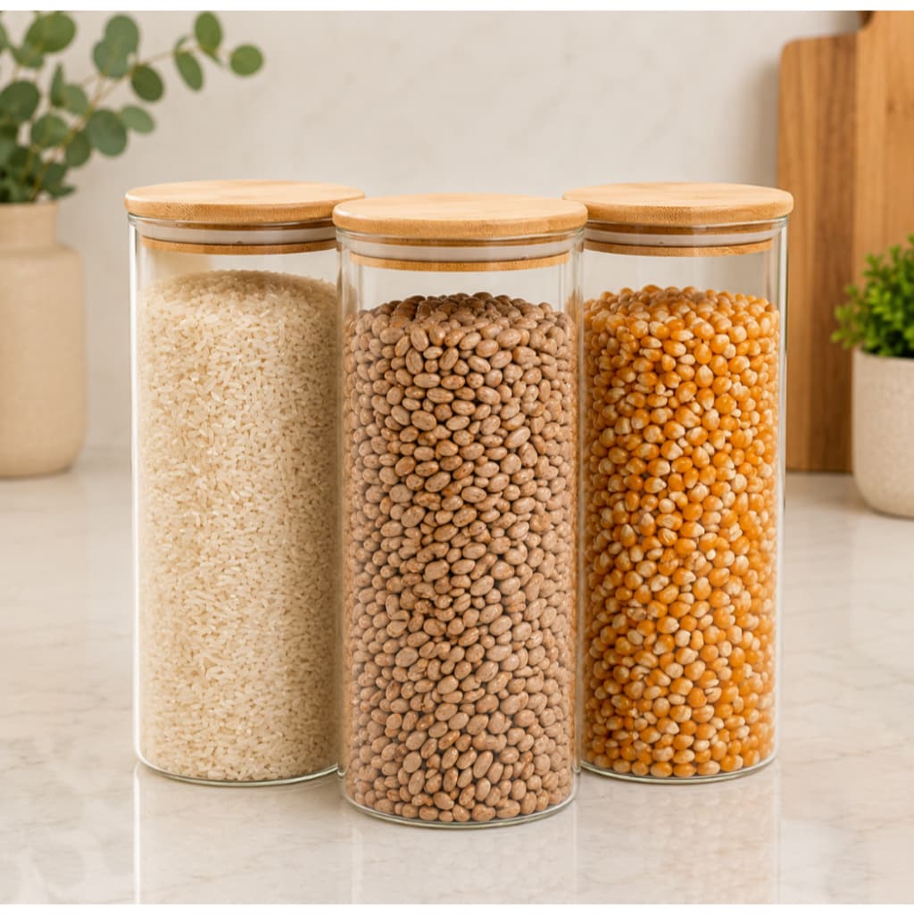 Potes de Vidro com Tampa de Bambu Kit com 3 1650ml Mantimentos Herméticos Oikos Pote Cozinha Alimentos Tempero Redondo