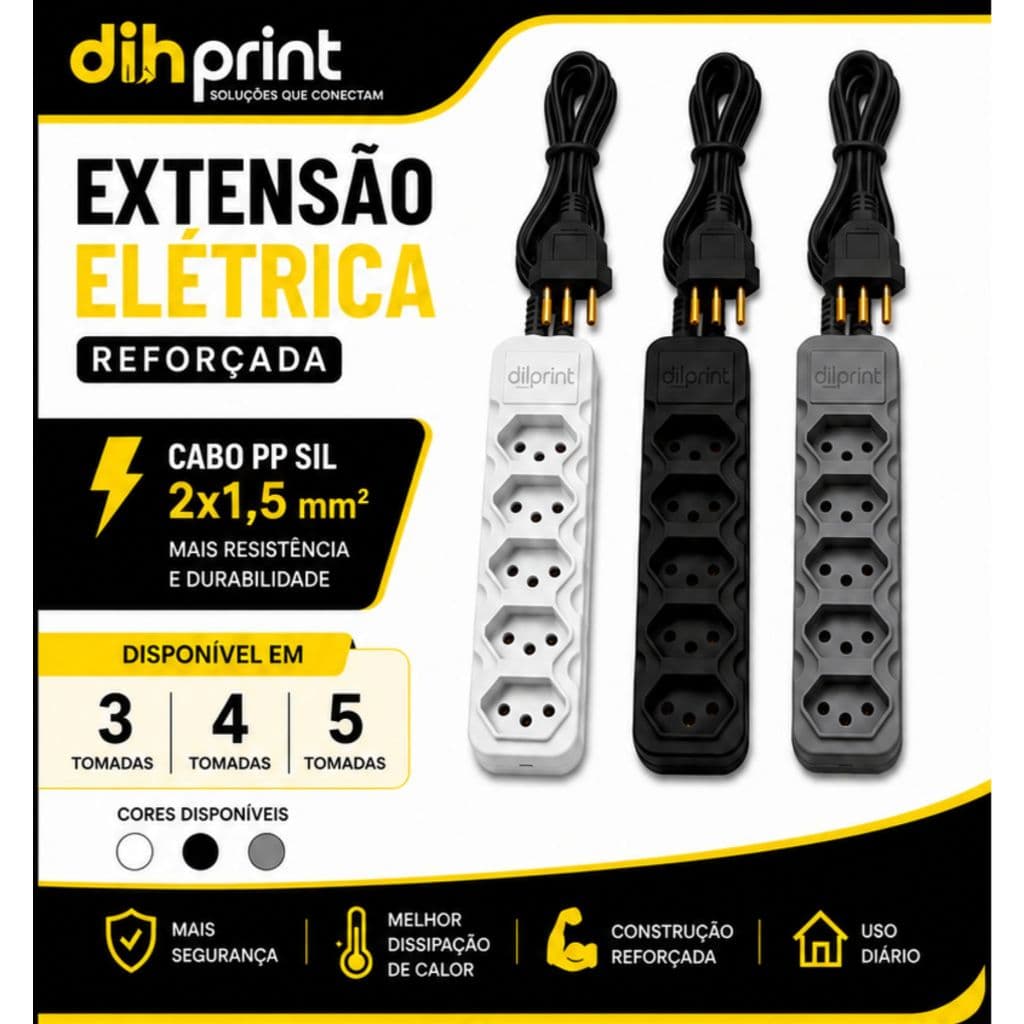 Extensão Elétrica Reforçada Cabo PP SIL 2x1,5mm - 3 4 5 Tomadas - 2m 3m 5m 10m - Preta Branca Cinza