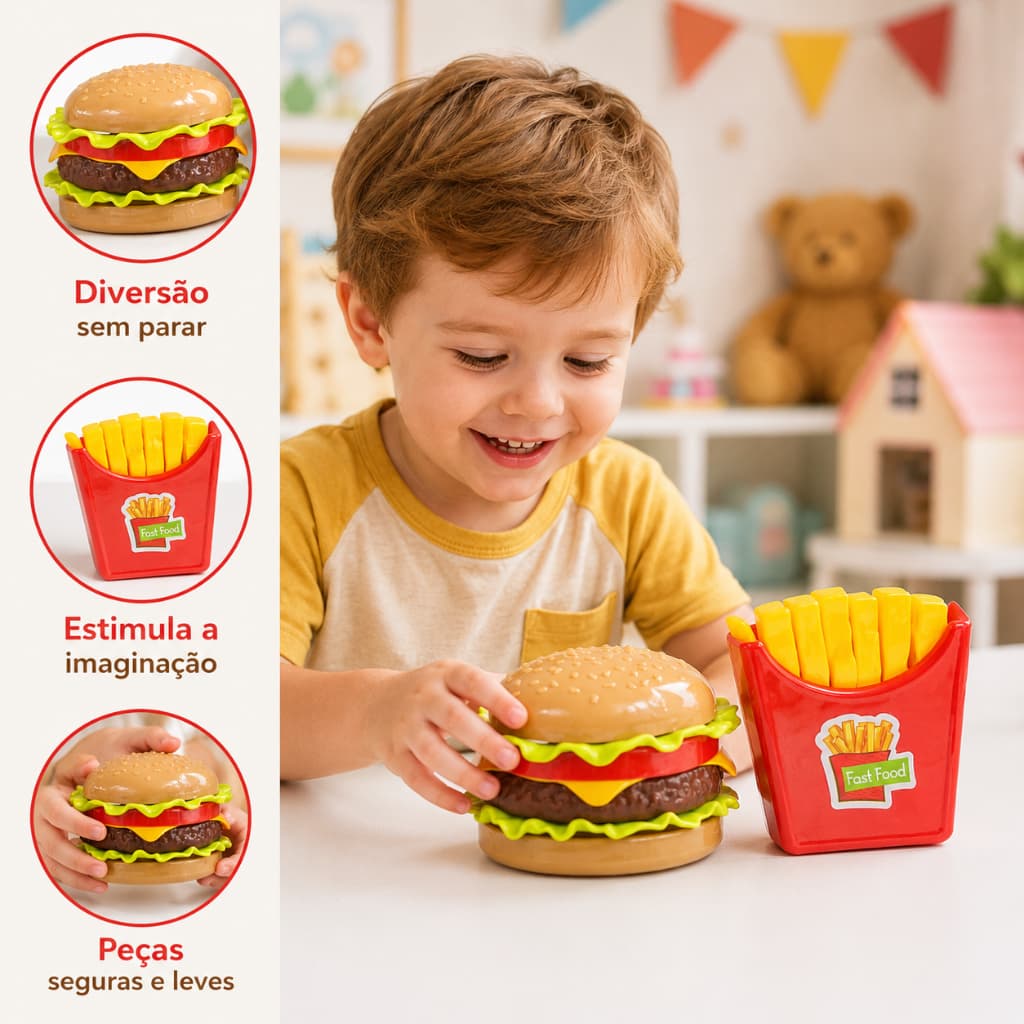Kit Comidinha Infantil Brinquedo Hambúrguer Batata Cozinha Divertido Educativo Brincar Faz de conta