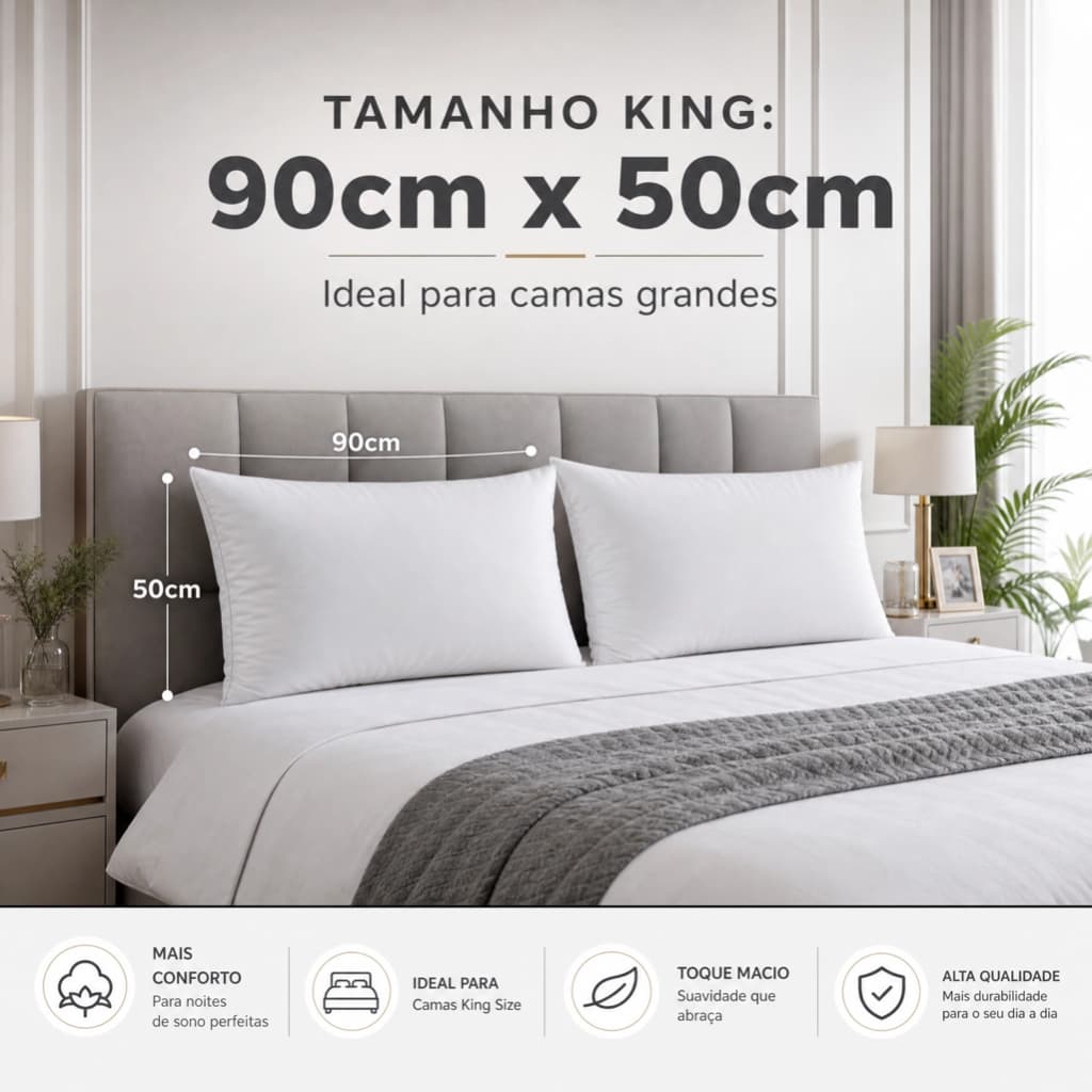 Kit 02 Travesseiros King 90x50cm Suporte EXTRA FIRME Almofada de Dormir Cama Quarto