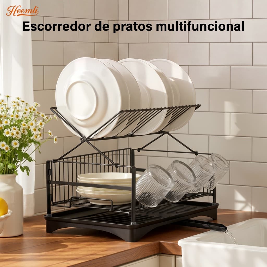 Heemli Escorredor de Pratos Dobrável Cozinha Organizador Louças Copos Tigelas