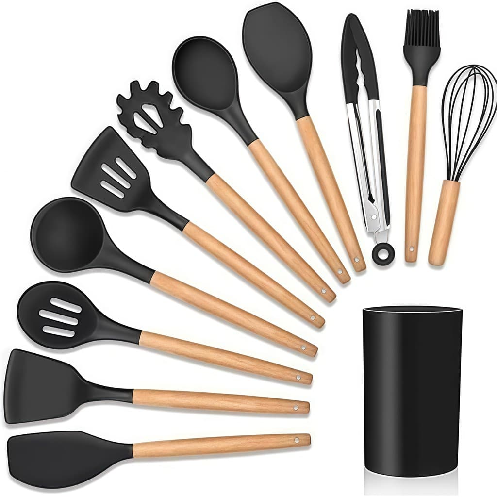 Jogo de Cozinha Kit C/12 Peças Utensílios de Cozinha em Silicone e Cabo de Madeira Antiaderentes