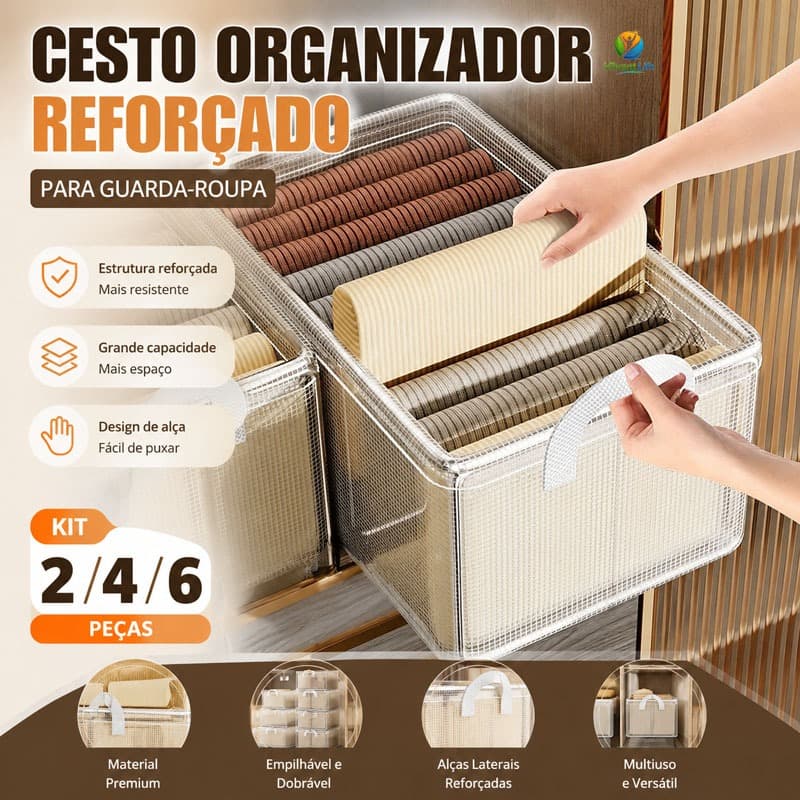 KIT 2/4/6 Cestos Organizadores Reforçados para Roupas e Guarda-Roupa Caixa Multiuso Dobrável