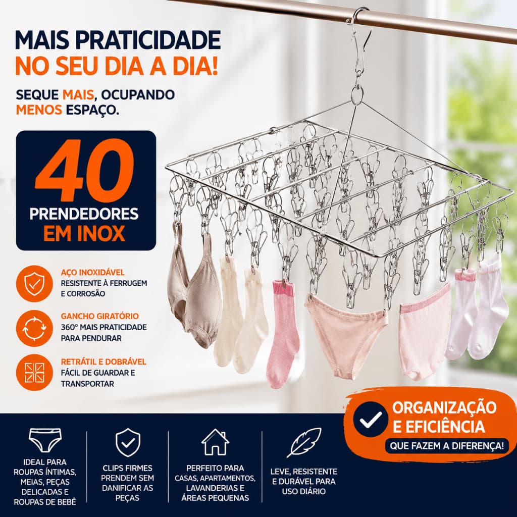 Varal Retrátil Inox 40 Prendedores Dobrável Para Roupas Íntimas Meias Bebê Lavanderia