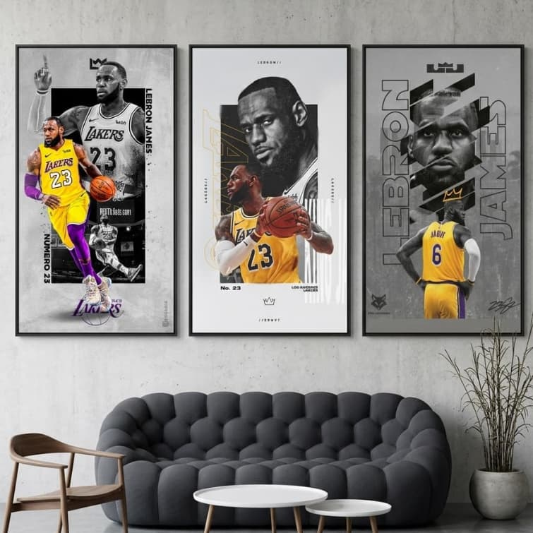 Kit Quadro Decorativo 3 Peças Lebron James Basquete Lakers Jogador NBA Fã Sala Quarto