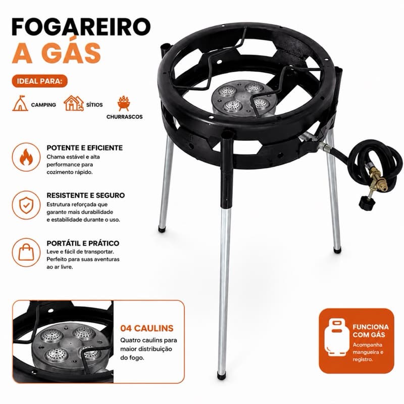 Fogareiro Portatil Camping Pesca A Gás Pés 1 Boca Preto