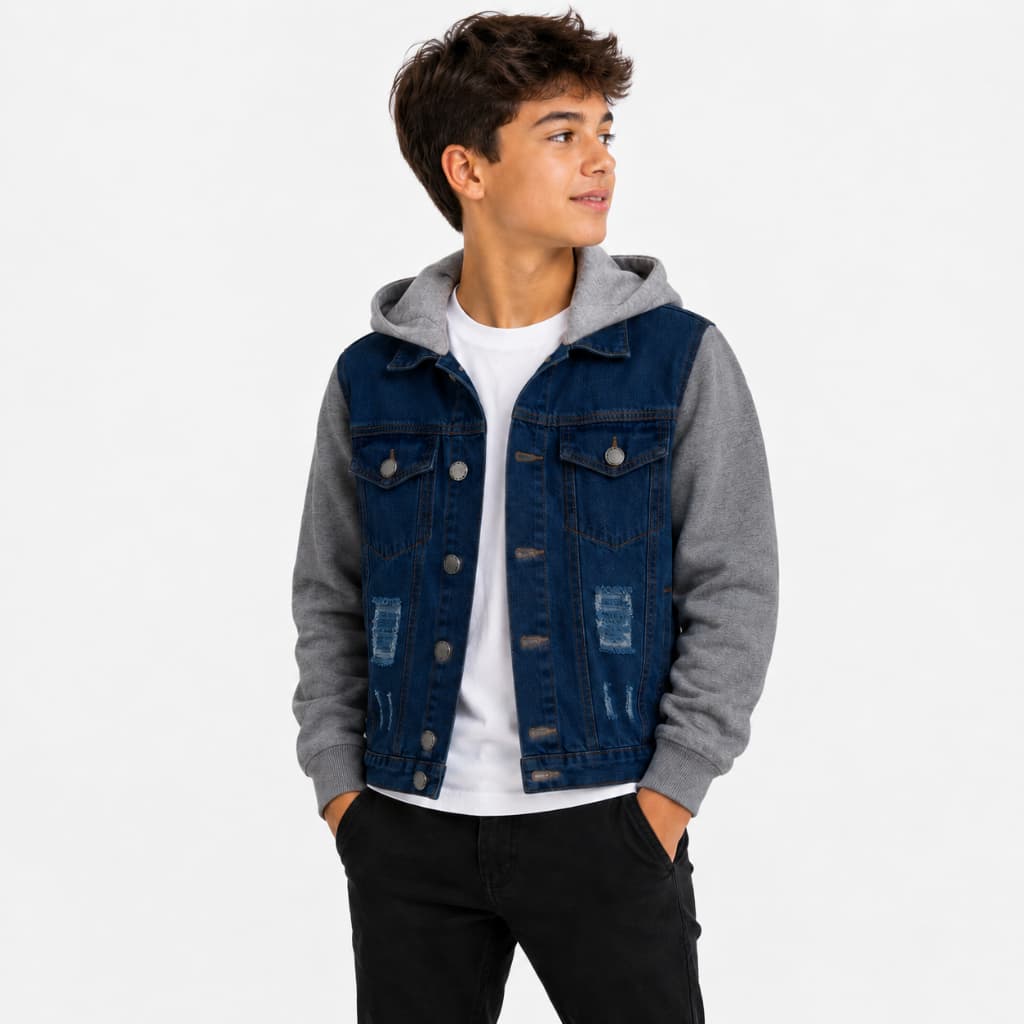 Jaqueta Jeans com moletom menino Juvenil com Capuz
